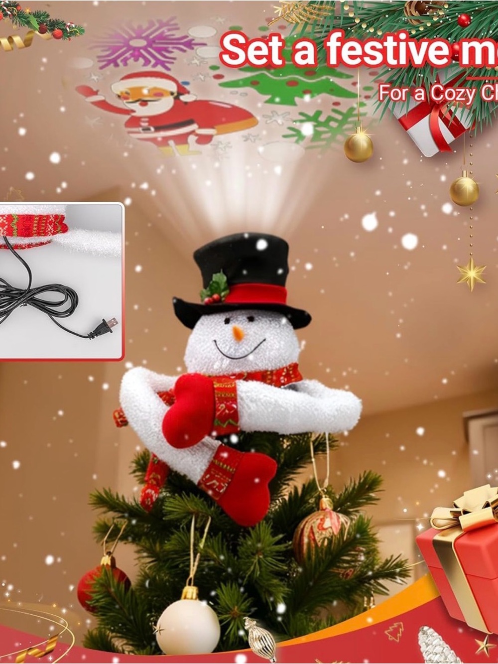 Festive White Snowman Tree Topper with Red Accents - Home Holiday